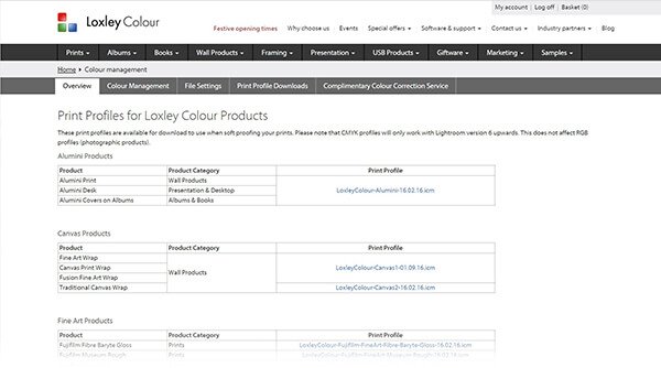 The list of all Loxley Colours printing mediums such as paper, canvas and metal and there is the relevant ICC profile to download alongside the mediums.