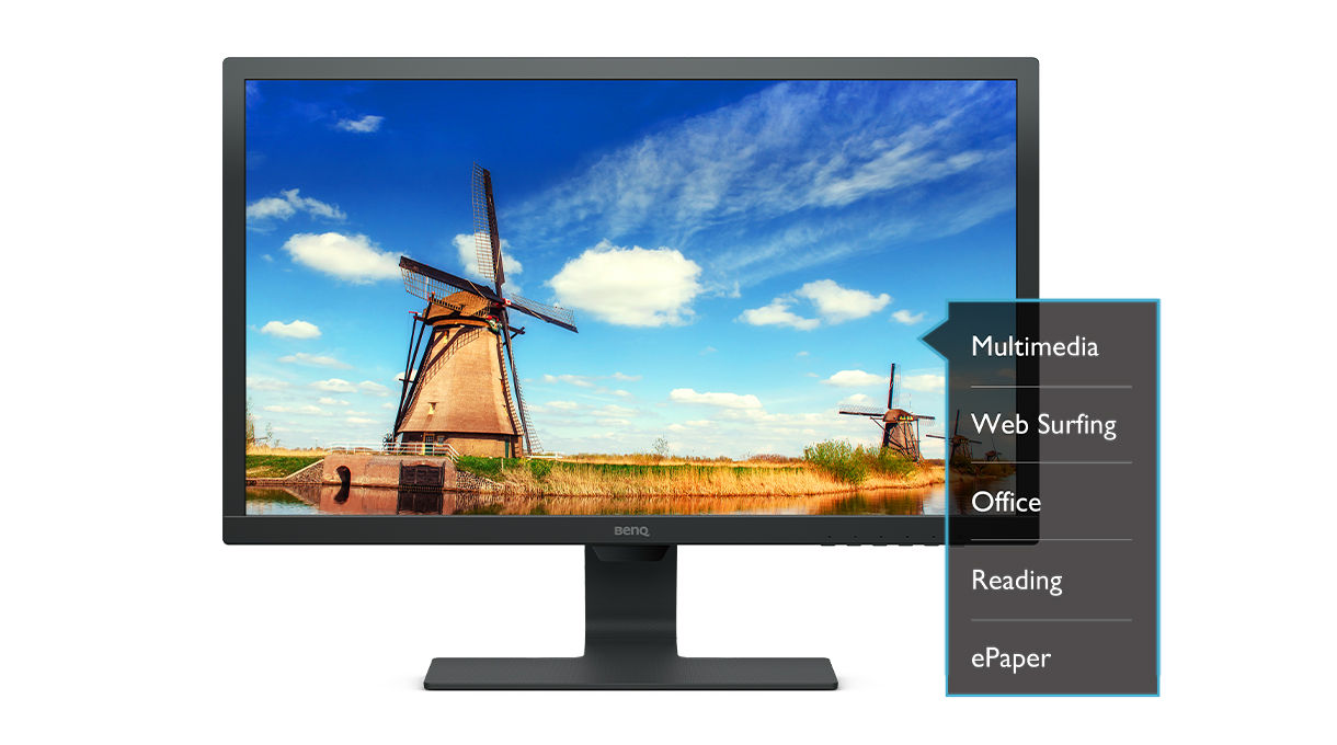 Der Monitor zeigt eine Landschaft mit Mühle an. 