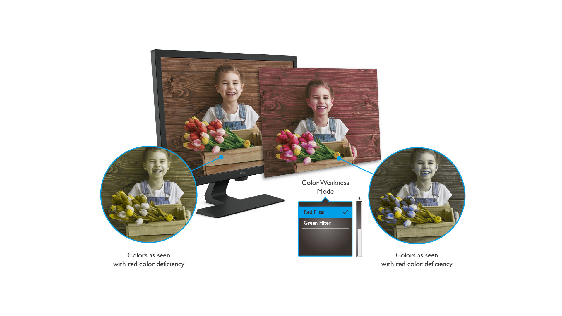 benq gw2780 has colour weakness mode with red and green filters, helping individuals with common types of colour vision deficiency distinguish colours more easily