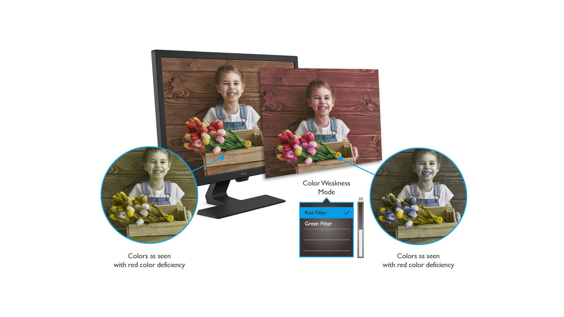 benq gl2780 has color weakness mode with red and green filters, helping individuals with common types of color vision deficiency distinguish colors more easily