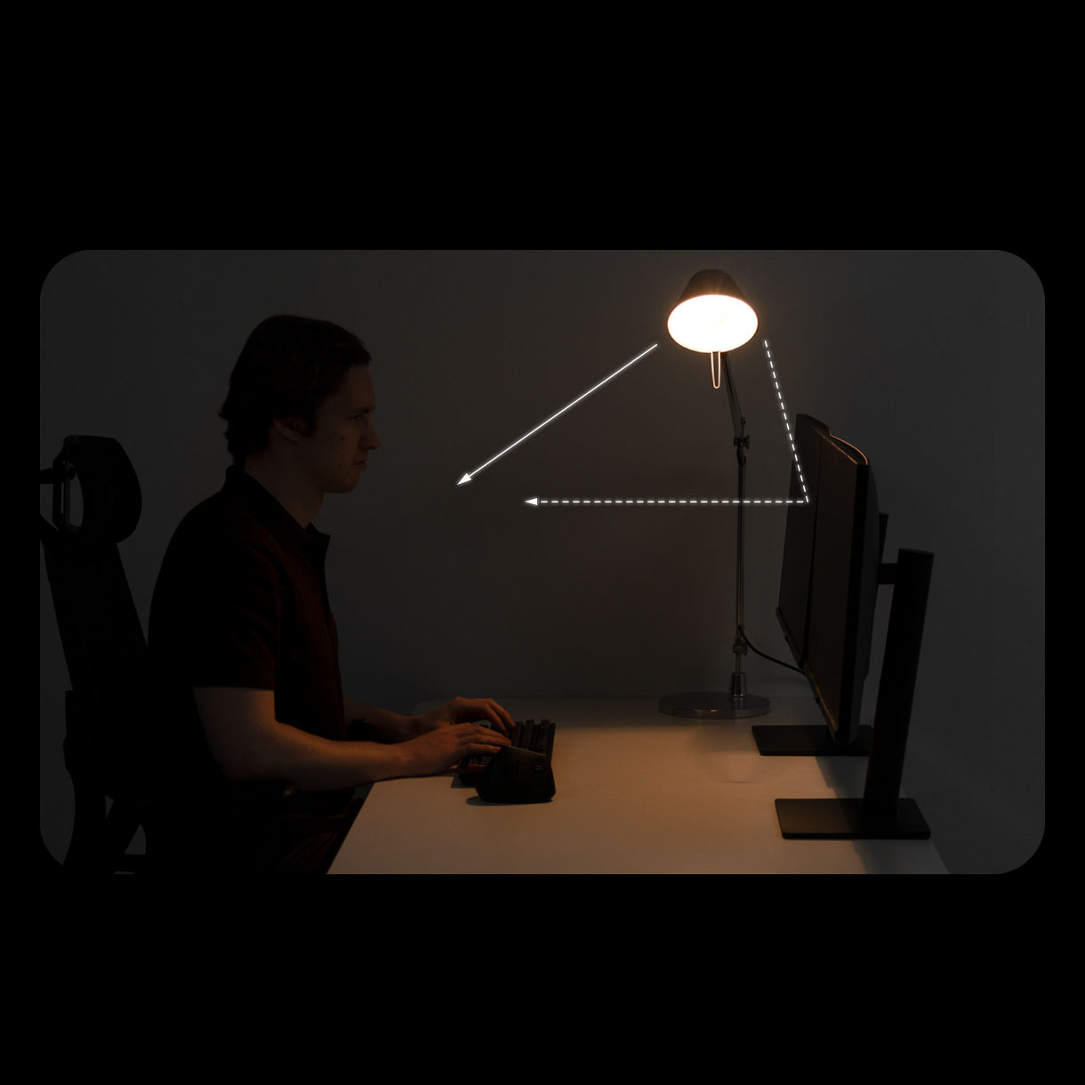 Traditional desk lamp with screen glare and uneven lighting