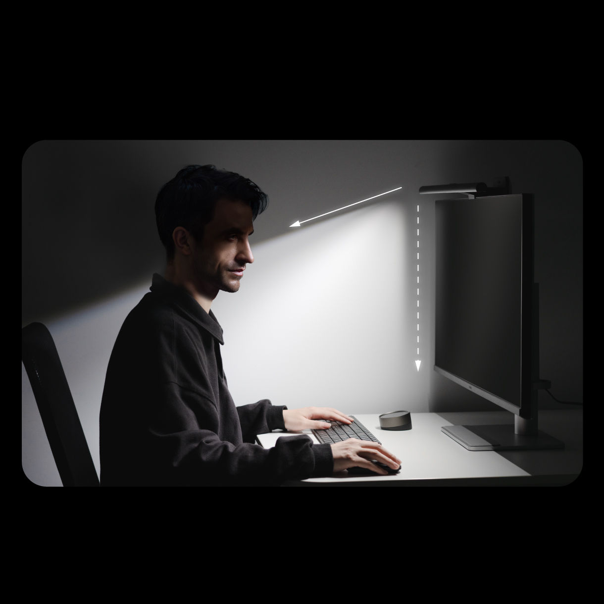 BenQ ScreenBar Pro monitor light bar delivering controlled, glare-free lighting with precise optical direction that avoids screen reflection.