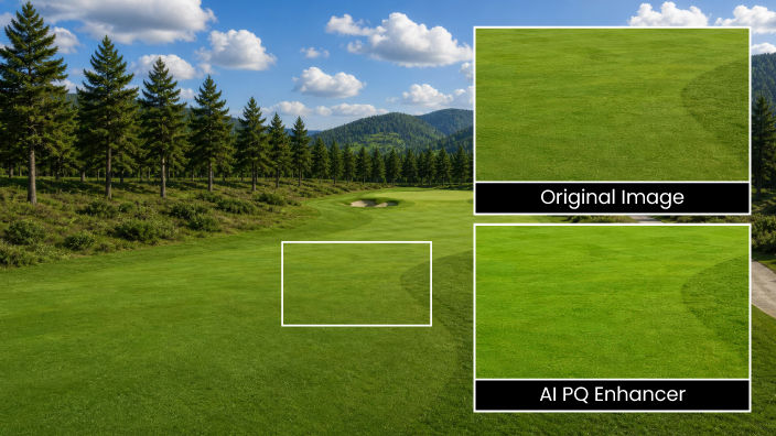 AI PQ Enhancer analyzes each frame to identify distinct composition zones, then applies independent picture-quality algorithms to optimize saturation, hue, and sharpness for each zone. 