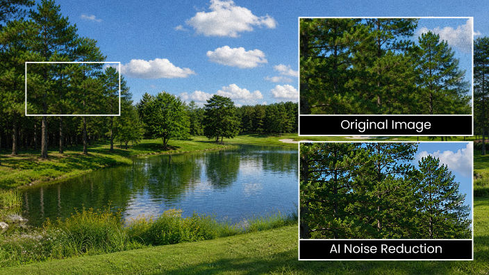 AI Noise Reduction uses high-precision per-pixel classification to distinguish genuine detail from unwanted noise instead of traditional spatial blurring that can destroy fine textures.