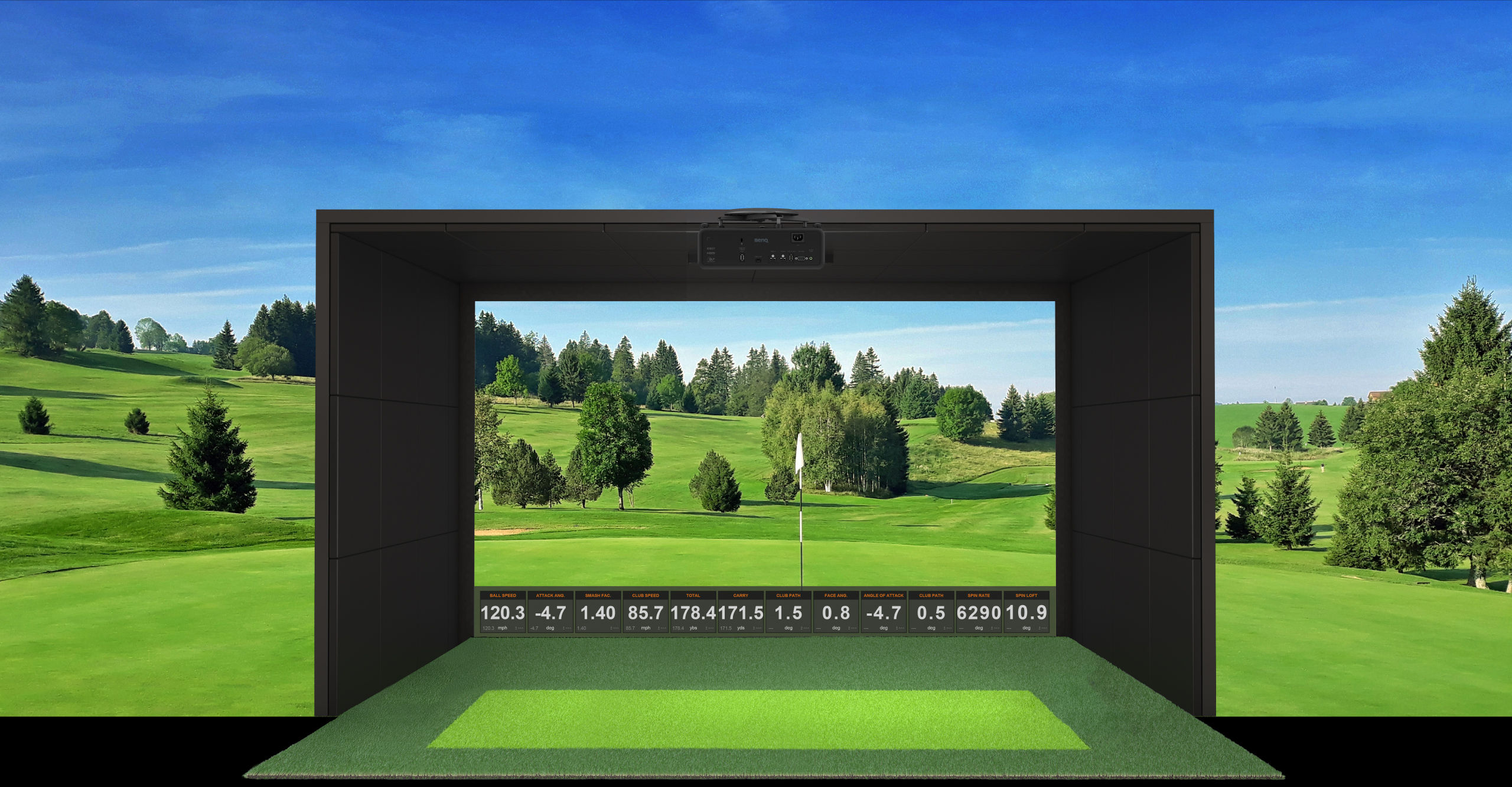 BenQ Ace series golf simulator projectors with auto screen fit, screen fill and quick focus features that easily fill up your golf impact screen