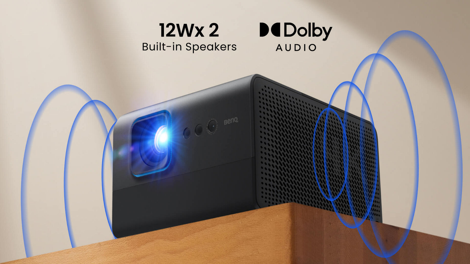 BenQ GP520 projector with 12W x 2 speakers for immersive sound, featuring Bluetooth 5.2 for easy connection to speakers or headphones, and 7.1-channel Dolby Atmos with 360° surround sound via HDMI 2.1.