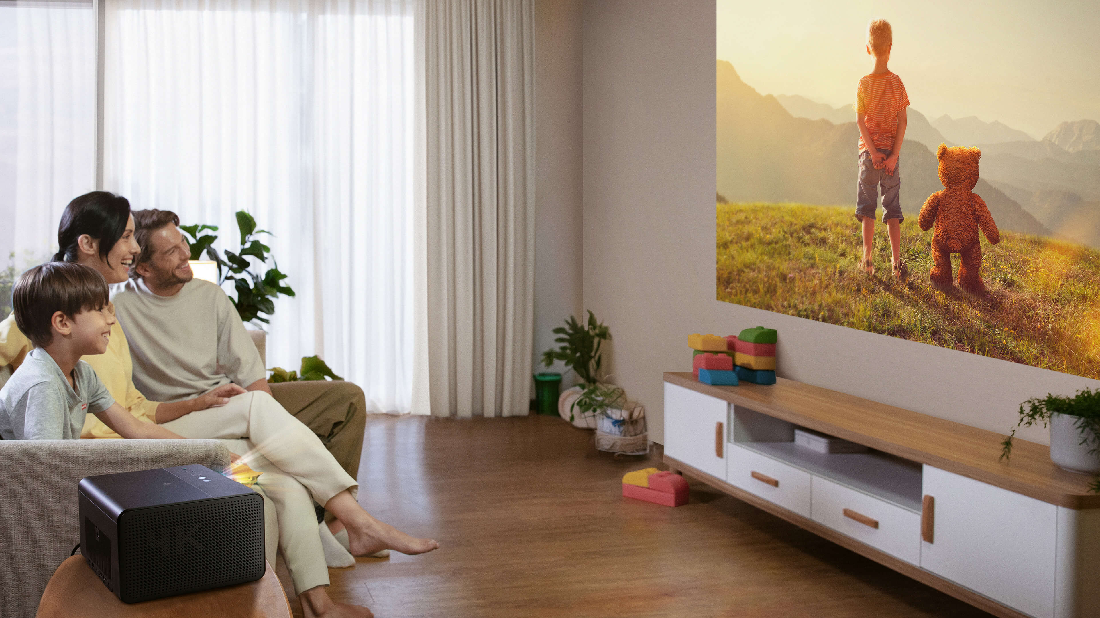 BenQ GP520 4K home entertainment projector with 2600 ANSI lumens and Google TV for bright, clear viewing in open-plan living rooms. Ideal for family entertainment setups.