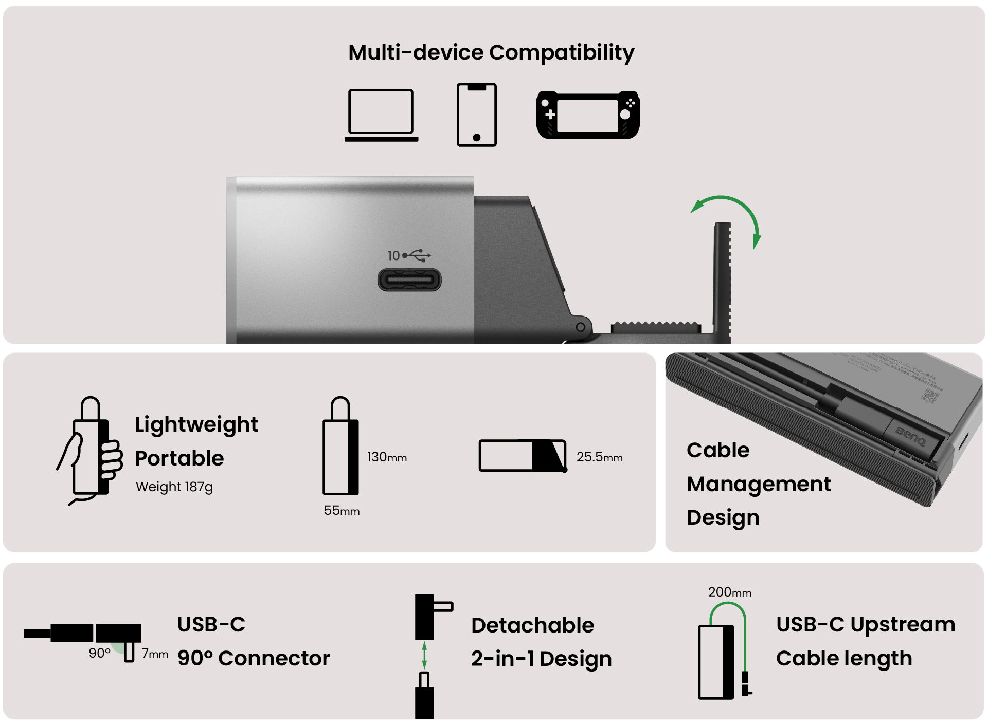 Multi-device compatibility, portable design with cable management, and 90° USB-C connector for flexible use.