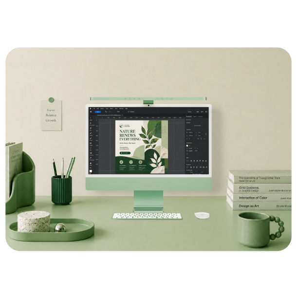 BenQ iScreenBar completing a green iMac desktop setup with a seamless, integrated design.