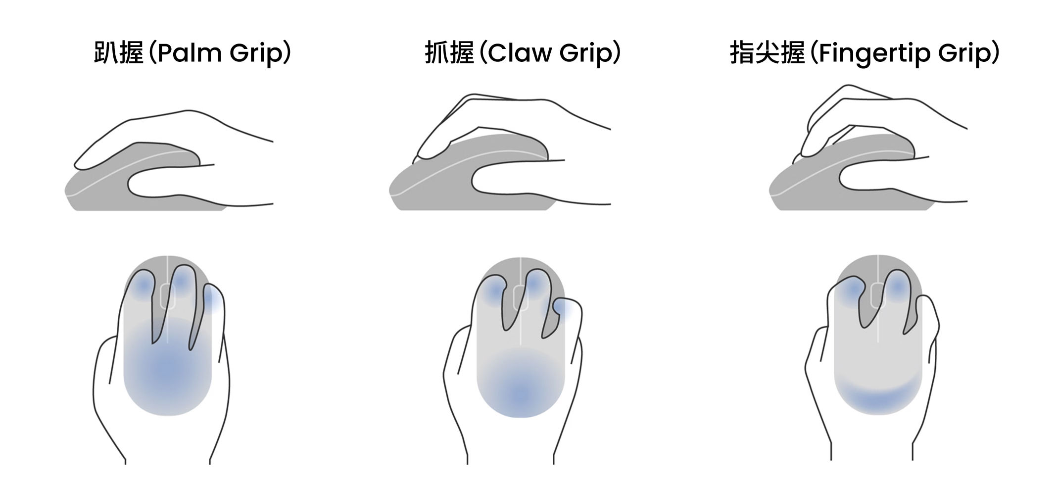 插圖比較趴握、抓握與指尖握等不同握法，並說明手部姿勢如何影響人體工學滑鼠的適配。