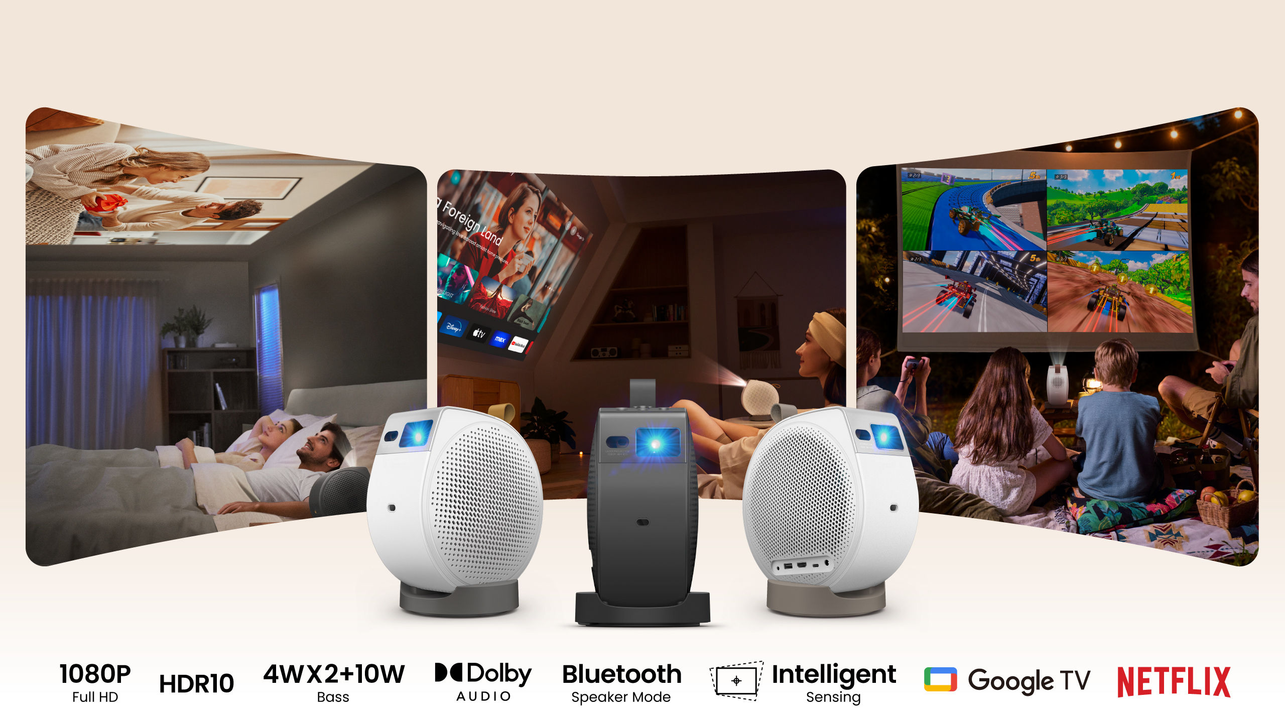 Projecteurs portables de plafond BenQ série GV  : GV50, GV50P, GV32. Full HD 1080p avec Netflix et Google TV pour la chambre, le salon et les soirées cinéma en plein air.