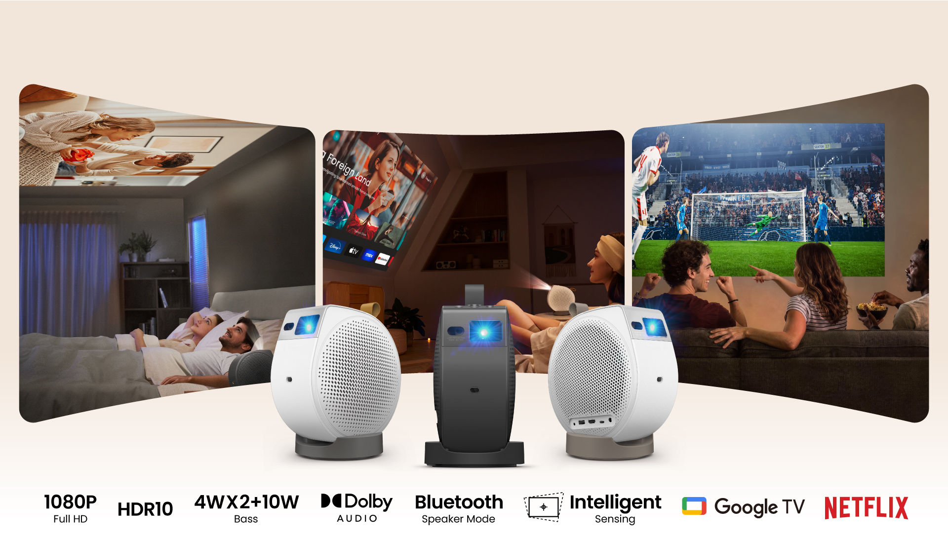 Projecteurs portables de plafond BenQ série GV  : GV50, GV50P, GV32. Full HD 1080p avec Netflix et Google TV pour la chambre, le salon et les soirées cinéma en plein air.