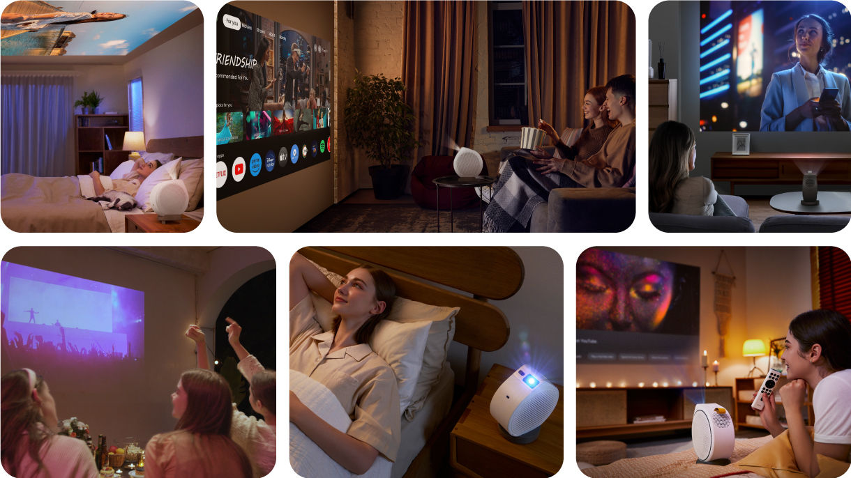 BenQ GV Series portable ceiling projectors for every lifestyle – bedroom ceiling projection, living room streaming, bedside viewing, and friends gathering with Netflix and Google TV.