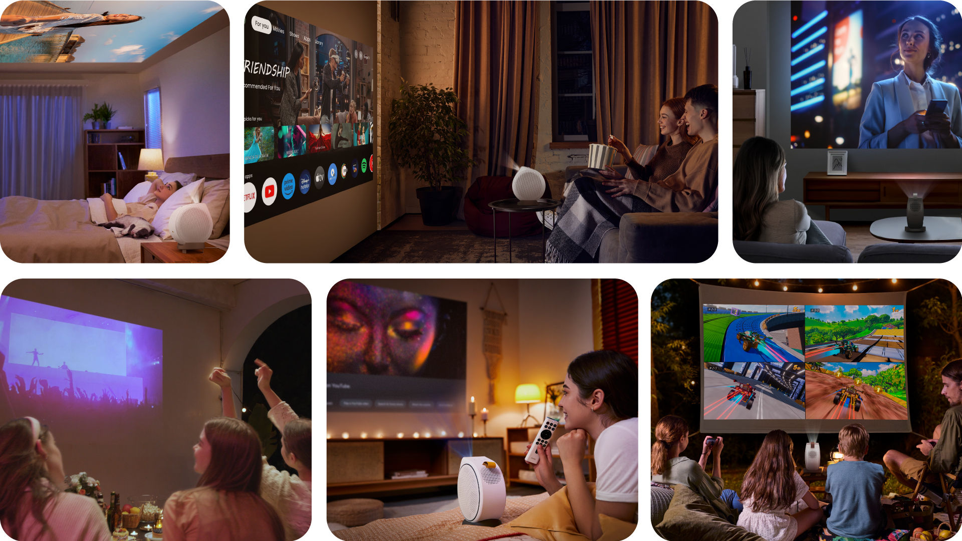 BenQ GV Series portable ceiling projectors for every lifestyle – bedroom ceiling projection, living room streaming, bedside viewing, and friends gathering with Netflix and Google TV.