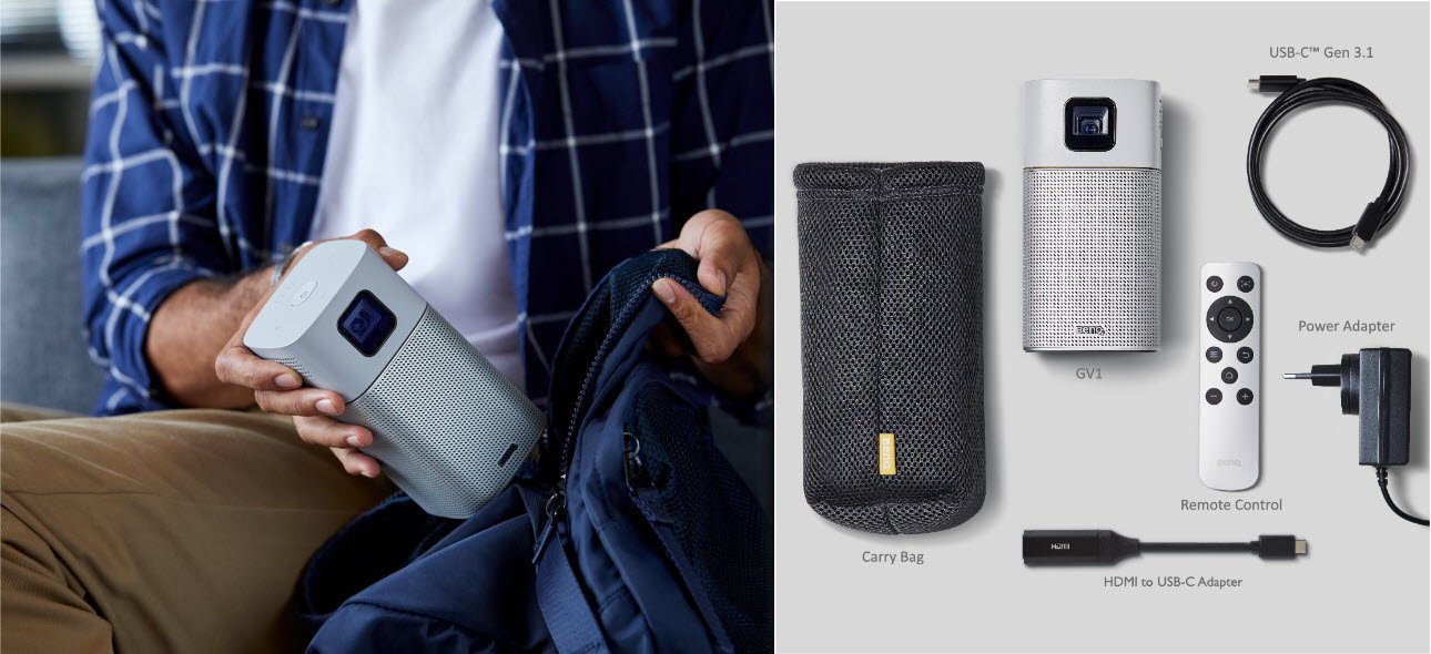 GV1 comes with an attractive custom fitted bag designed to simply carry the projector, USB-C cable, battery, remote control, power cord, and all accessories.