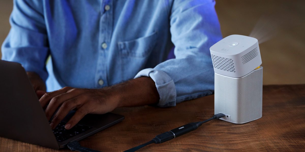 BenQ GV1 wireless portable mini projector with USB-C port, which could connect to your device through USB-C cable or USB-C to HDMI adapter.