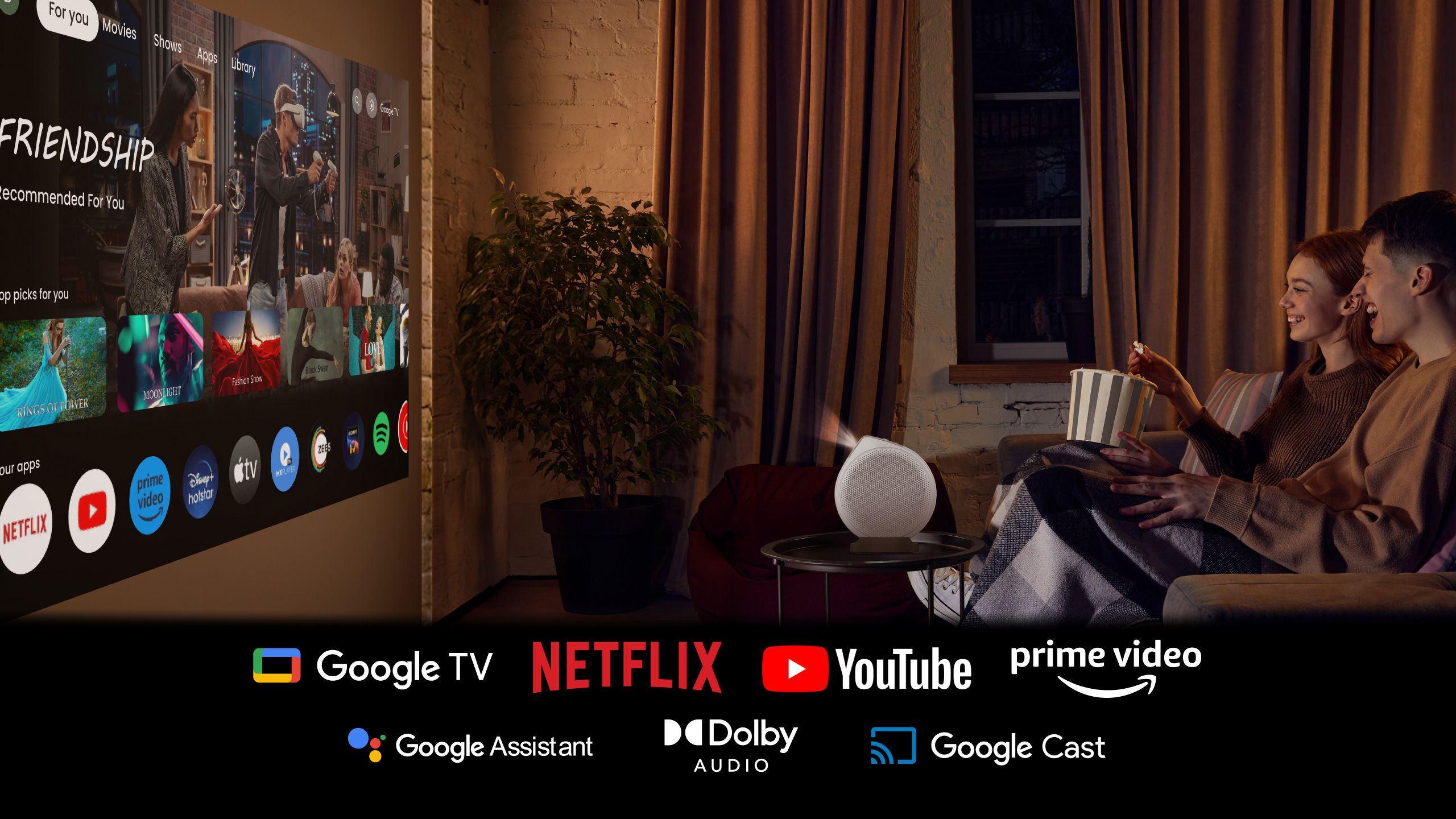 GV32 portable ceiling projector with google tv and certified netflix, youtube, prime video, google assitant, dolby audio, google cast