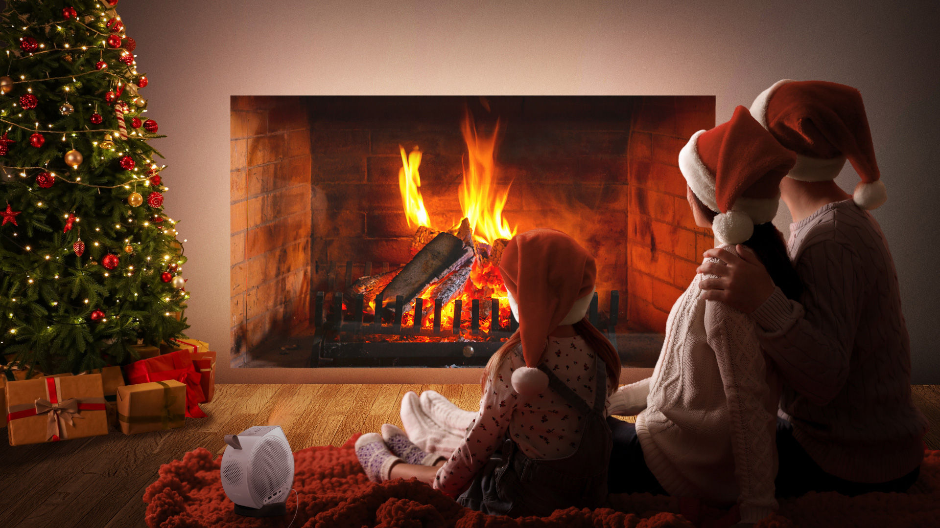 BenQ GV32 portable projector projecting cozy fireplace scenes during Christmas