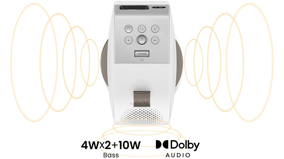 GV32 portable projector with built-in 2.1 channel speaker with woofer for powerful bass sound