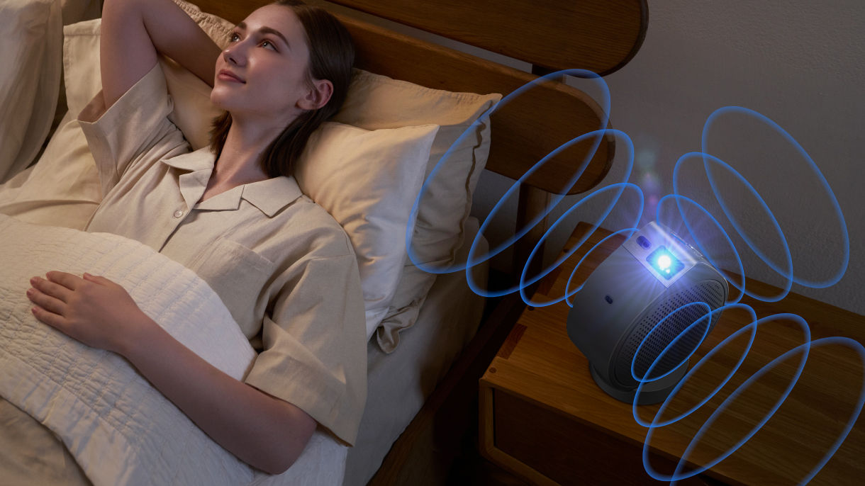 BenQ GV50P portable ceiling projector with Ceiling Cinema Sound Mode ensure immersive sound whether  lying down or sitting up