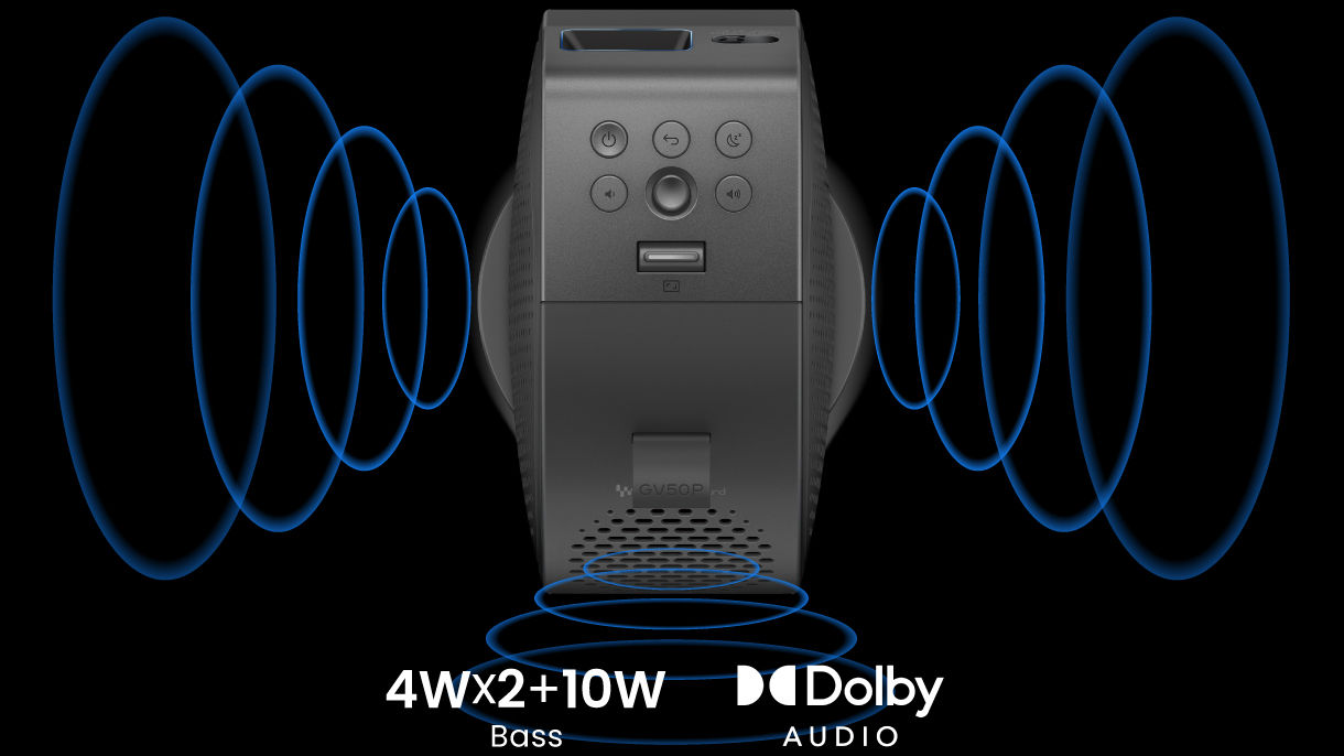GV50P portable projector with built-in 2.1 channel speaker with woofer for powerful bass sound