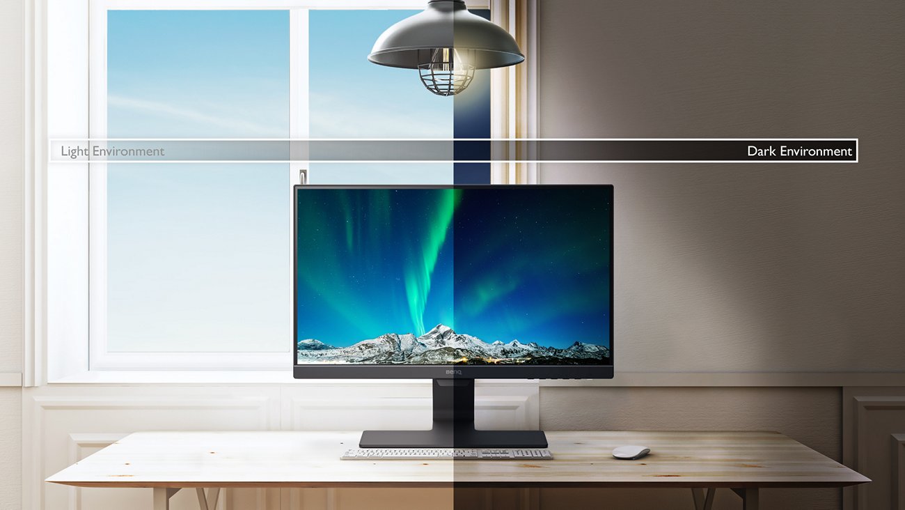 benq gw2283 b.i. sensor detects ambient light brightness and contrast of screen content and actively adjusts screen brightness for the most comfortable viewing