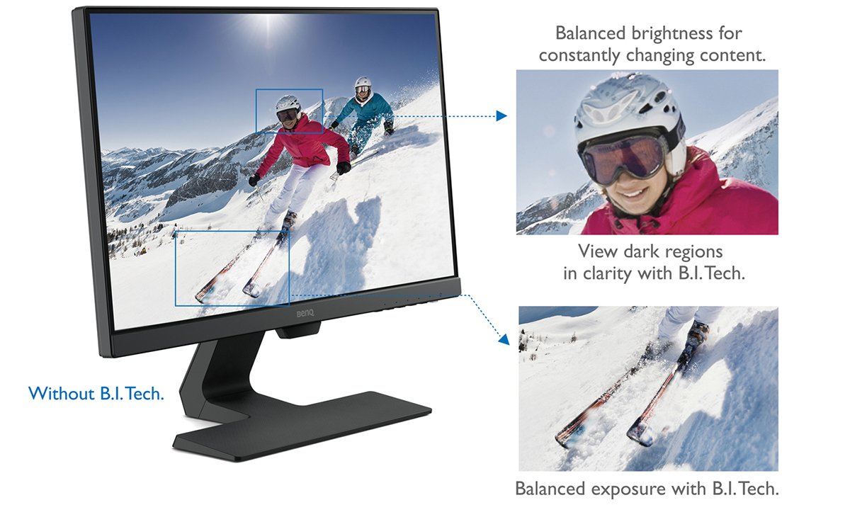 BenQ Eye Care IPS 24 inch Monitor GW2480's Brightness Intelligence Technology(B.I.Tech.) detects content intensity to avoid overexposure of bright scenes while enhancing dark areas to maintain clear visibility.