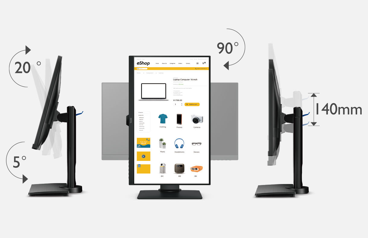 BenQ GW2480TL Ergonomic Design allows you to customize the height, tilt, pivot, stroke and swivel of the monitor at will