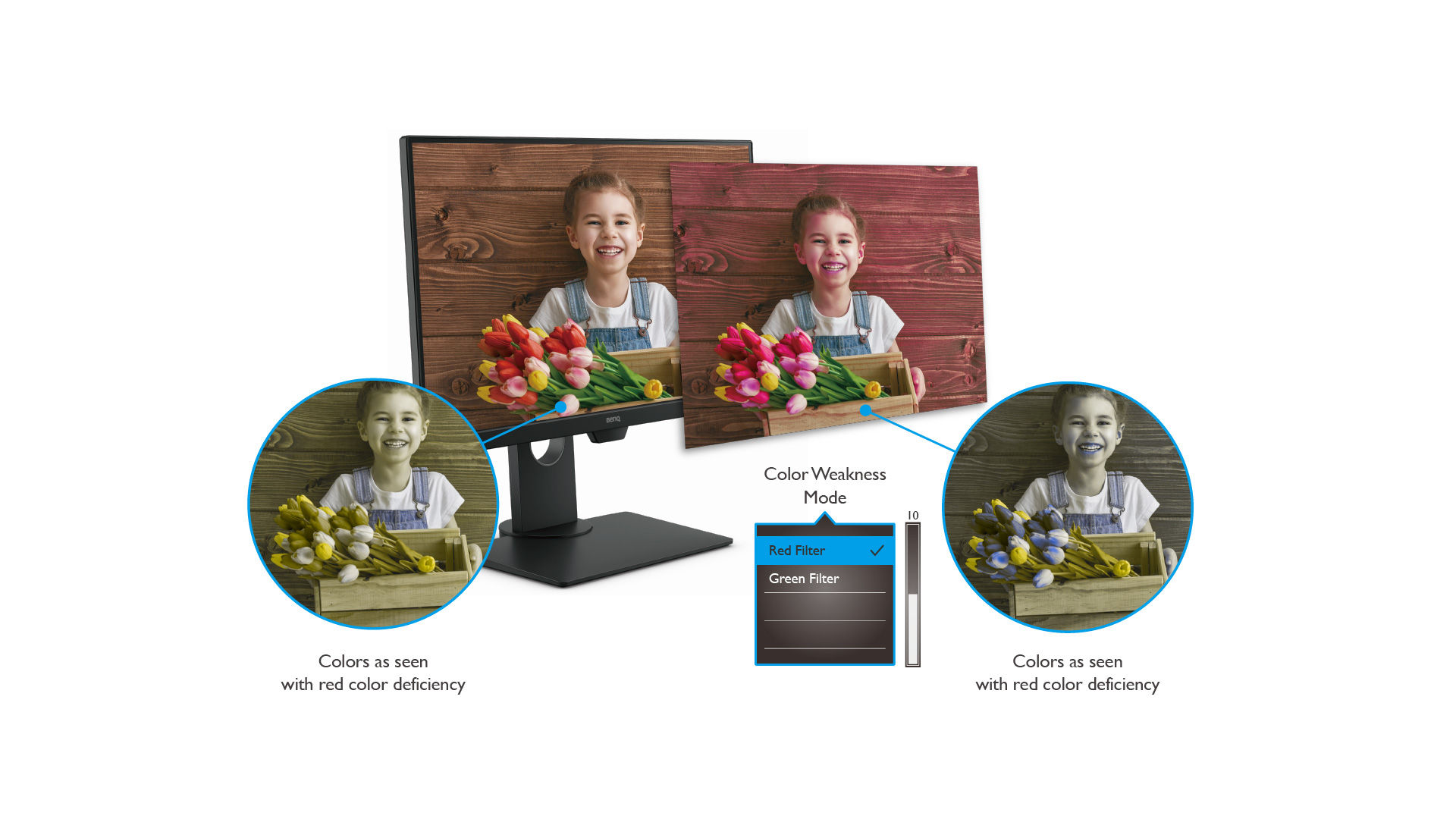 benq gw2480t has color weakness mode with red and green filters, helping individuals with common types of color vision deficiency distinguish colors more easily