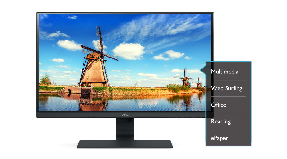 Der Monitor zeigt eine Landschaft mit Mühle an und bezieht sich dabei auf den blaulicht Filter.