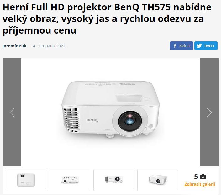 Herní Full HD projektor BenQ TH575 nabídne velký obraz, vysoký jas a rychlou odezvu za příjemnou cenu