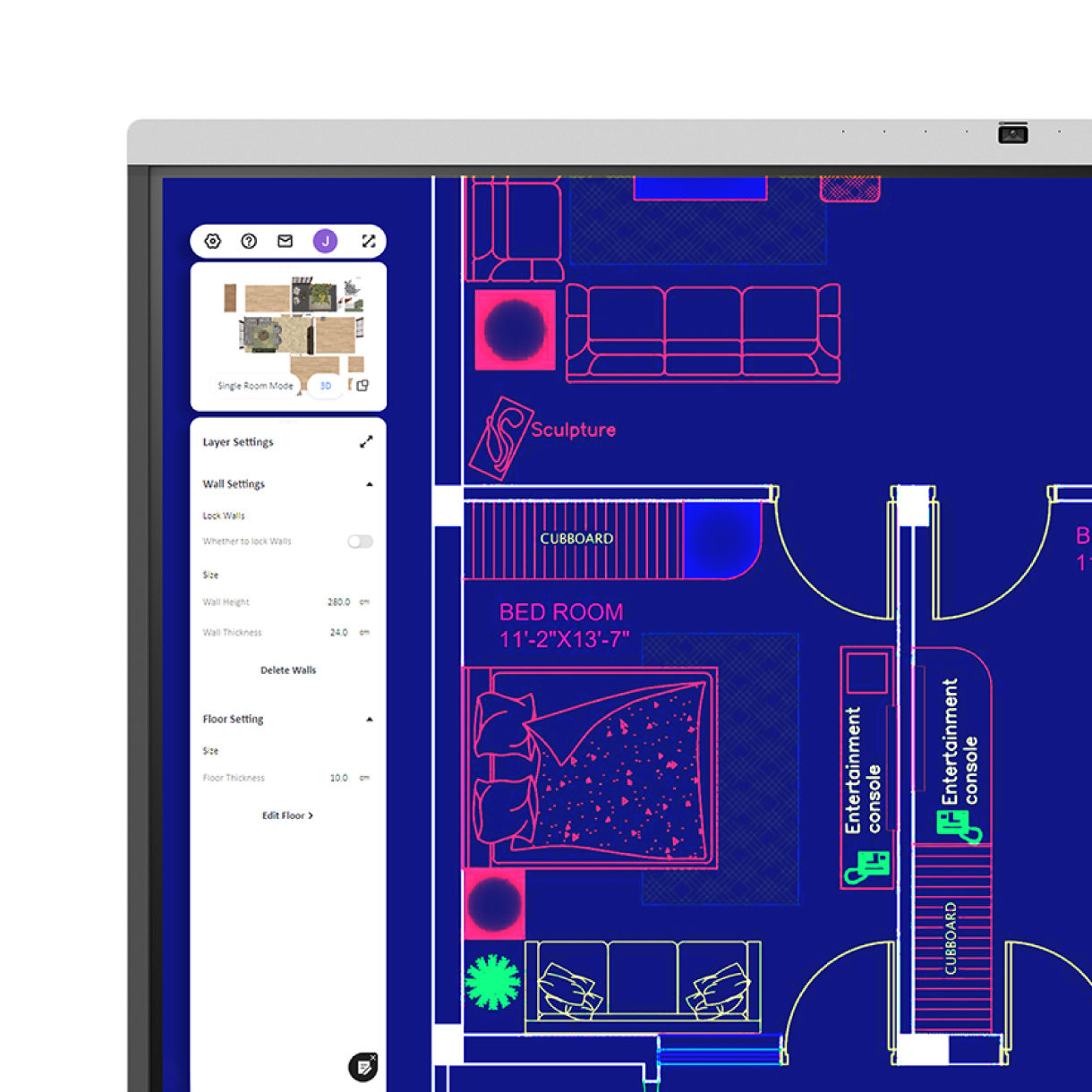 A BenQ interactive display in High-detail mode showcasing a sharp, high-contrast blue architectural blueprint, perfect for precise schematic diagrams and workplace efficiency.