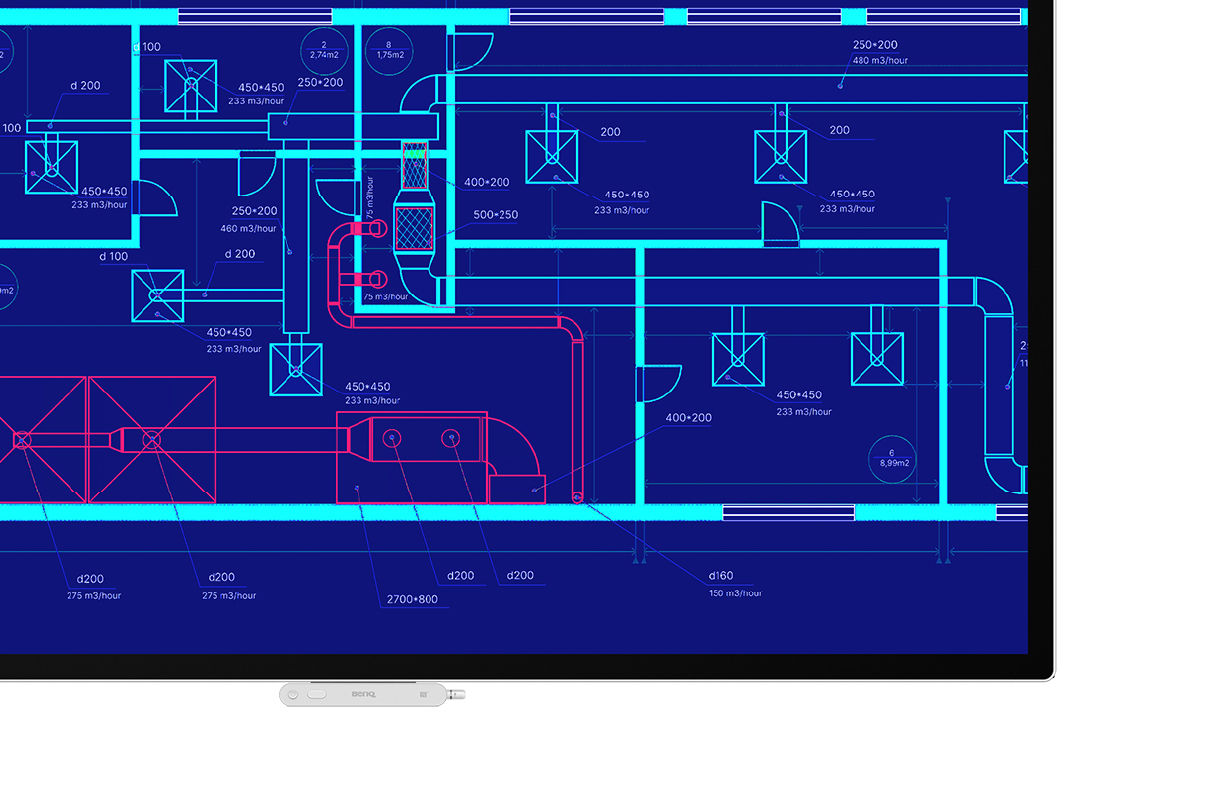 Detailed construction floor plan displayed on a BenQ Board in High-Detail Mode