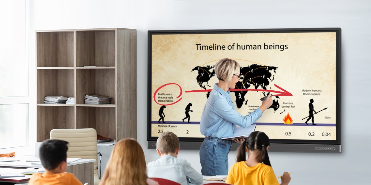 teaching using BenQ interactive display to show students a timeline of human evolution and drawing a red arrow via EZWrite digital whiteboard