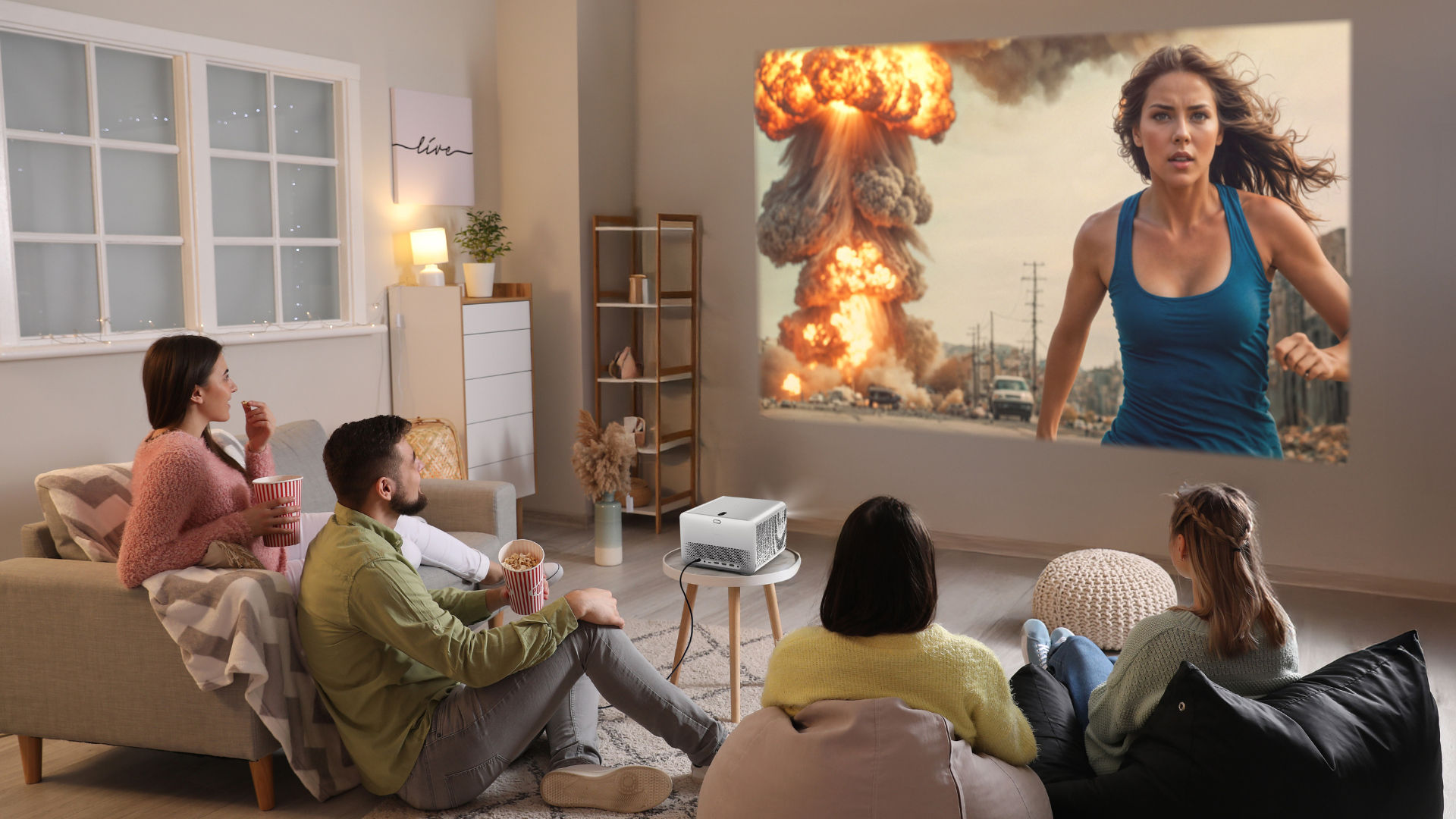 Friends watching Netflix and YouTube on BenQ home entertainment projector with built-in Google TV in a modern living room