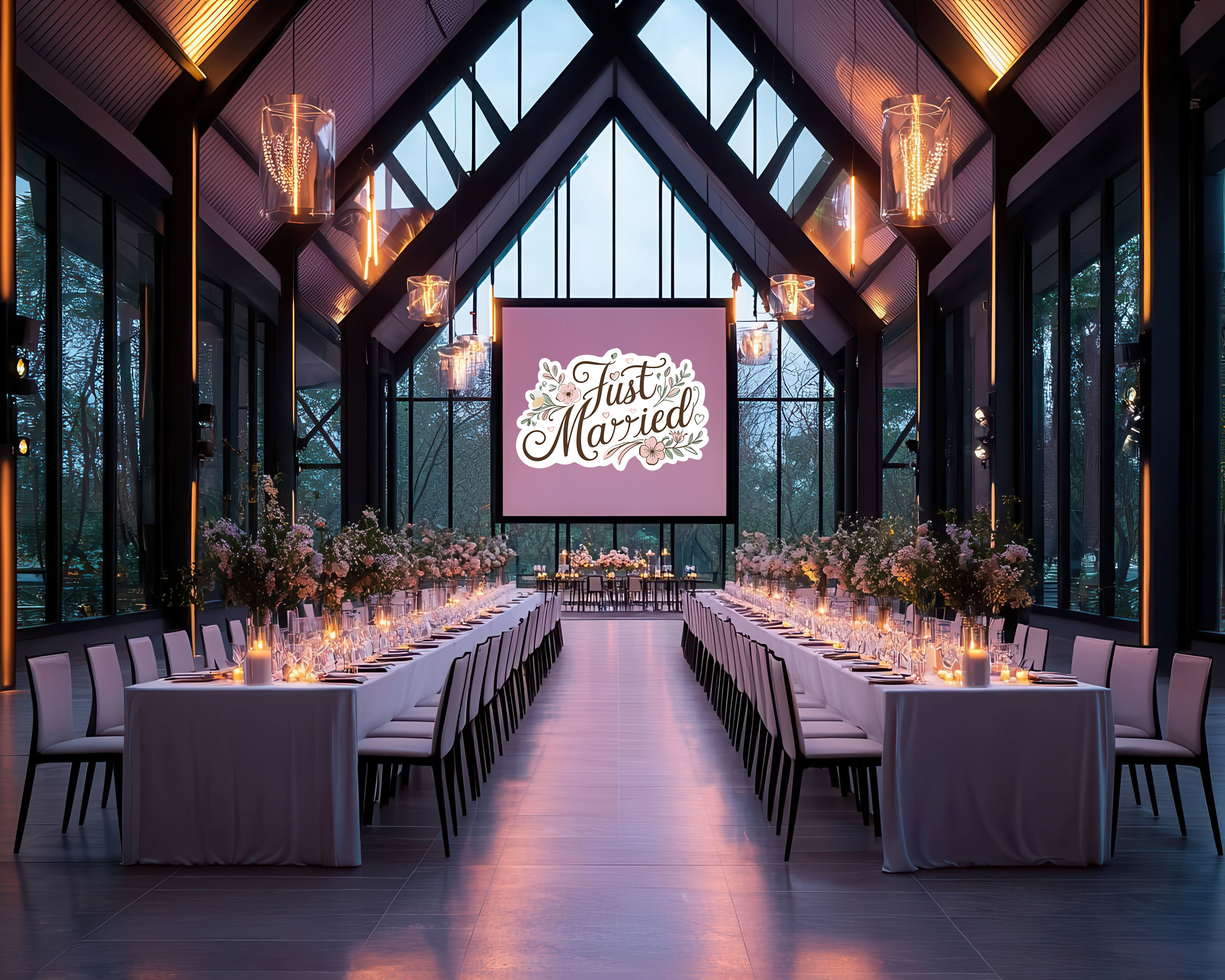 Futuristic wedding reception in a neonlit venue with geometric architecture, digital projections, and sleek, highend decor