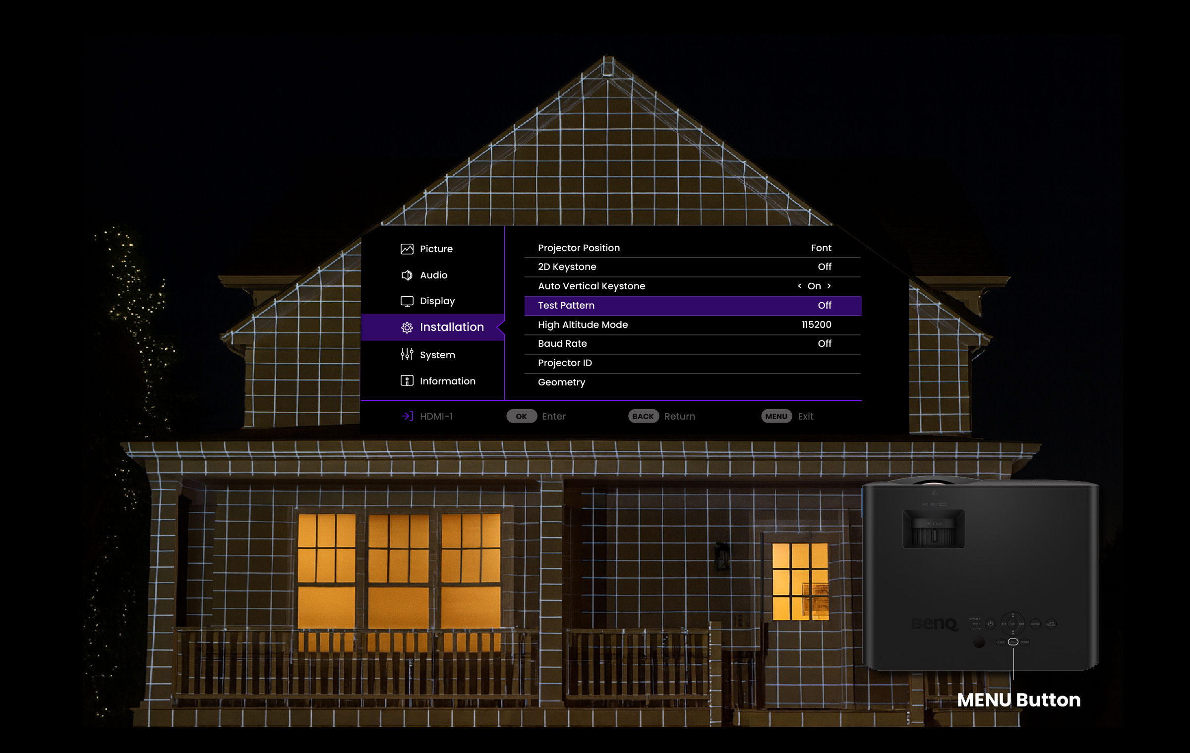Turn on the BenQ House mapping projector and select the “test pattern” from the projector MENU. 