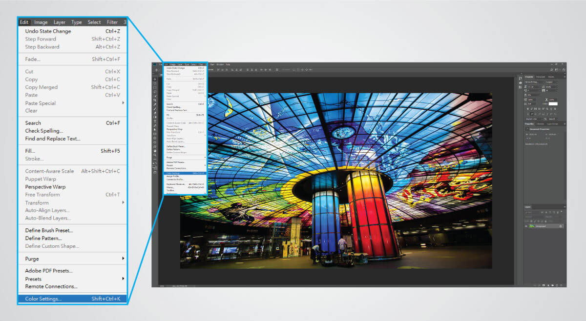 location of Color Settings in Photoshop