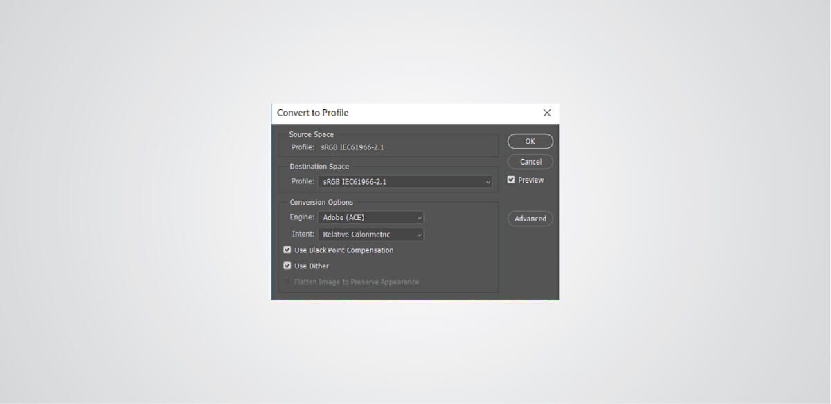 sRGB IEC61966-2.1 being selected in ICC profile