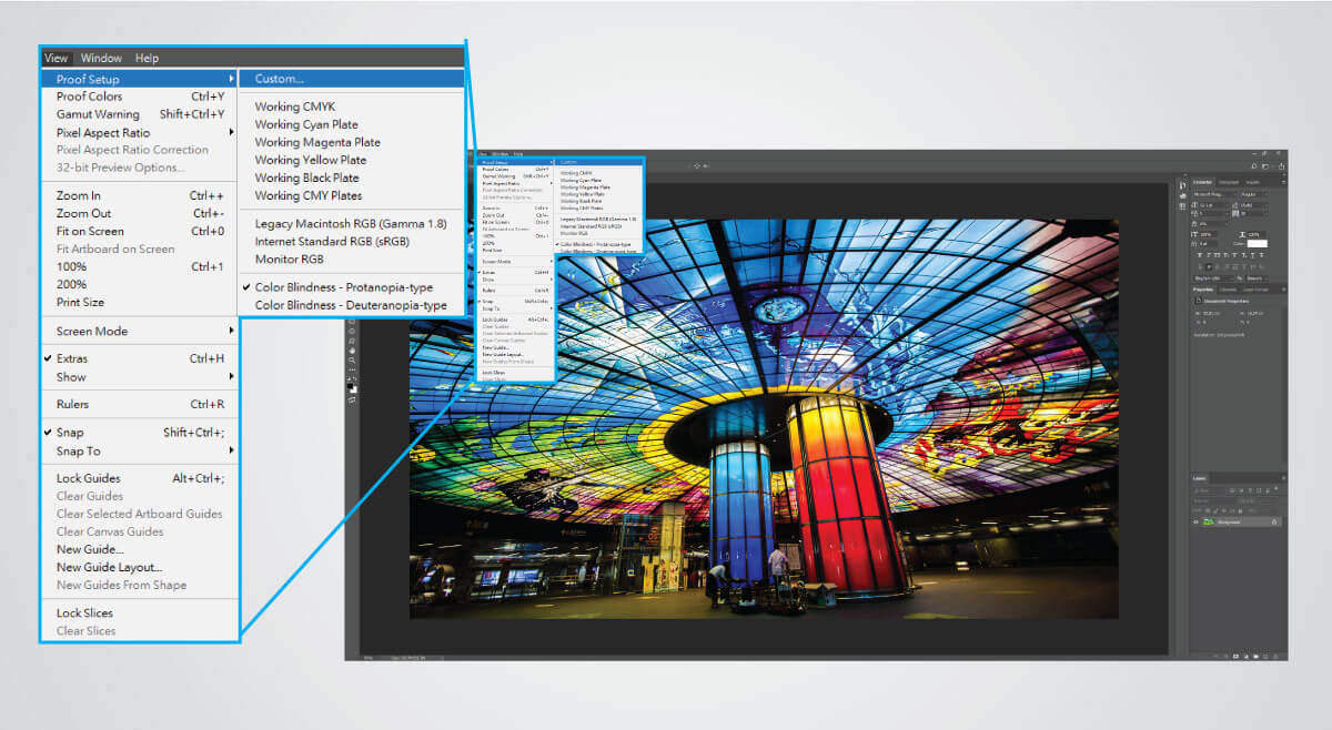 It shows how to access custom proof setup in Photoshop.
