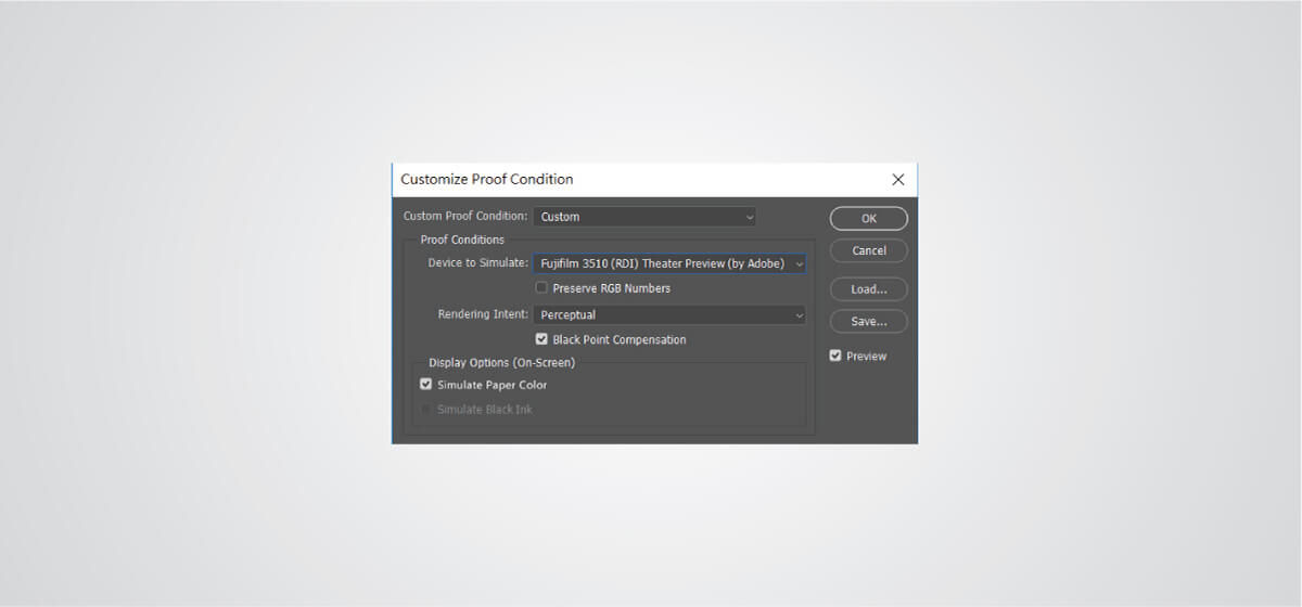 Select the printer ICC profile in the drop-down box next to device to simulate.