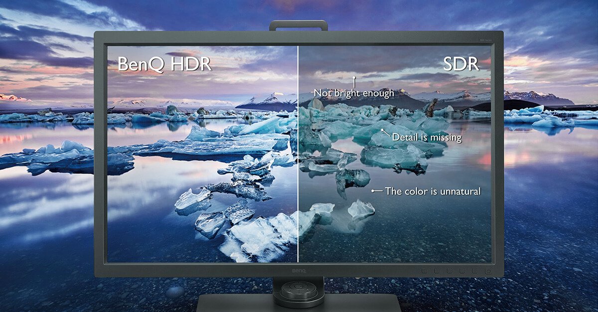 The left side of the monitor with HDR mode presents brighter, more natural and details of the color than the right side of monitor with SDR mode.