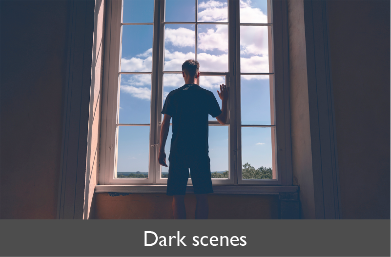 A dynamic iris is used to fine-tune the dark-scene image by enabling the projector to enhance the brightness black when the iris is off.