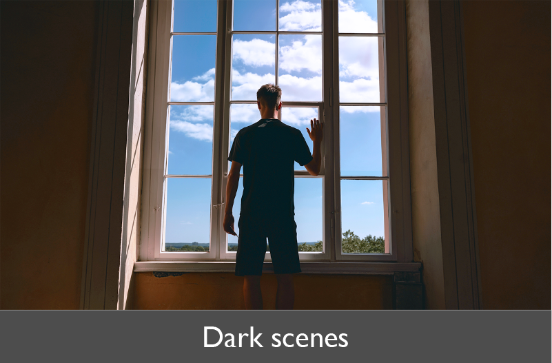 A dynamic iris is used to fine-tune the dark-scene image by enabling the projector to enhance the brightness black when the iris is on.