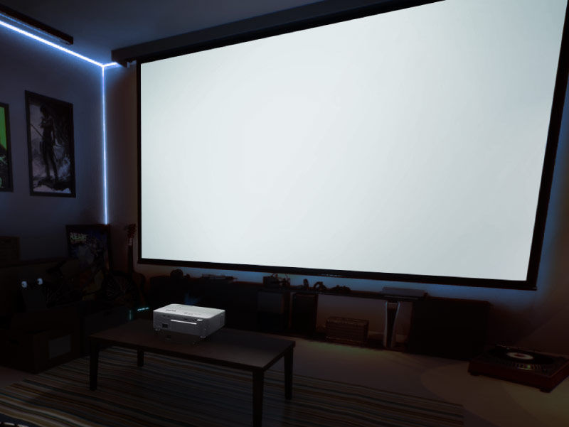 BenQ console gaming projector setup met voorprojectie, zijprojectie en plafondprojectie.