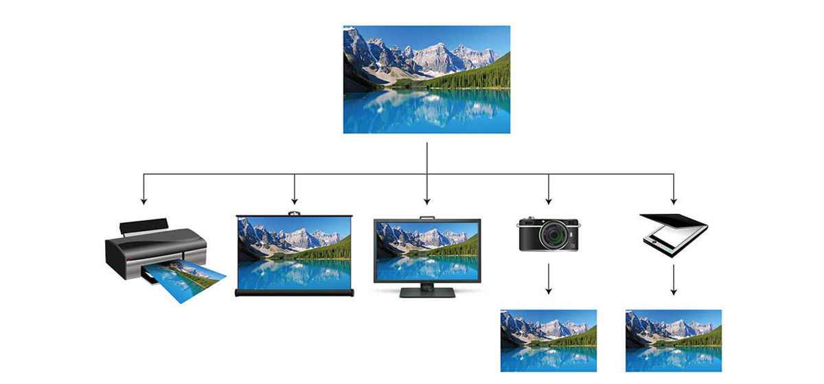 When implementing color management, we can expect a similar appearance of an image across different devices such as scanner, camera, monitor, projector and printer and media.