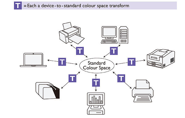 The device independent transformation shows each a device-to-standard color space transform.