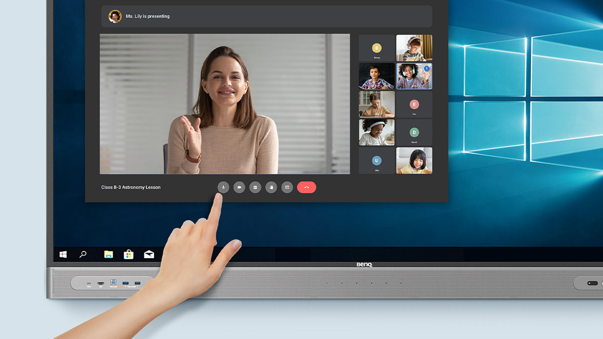 BenQ Board with slot-in PC running Windows using video conferencing to teach remote lesson