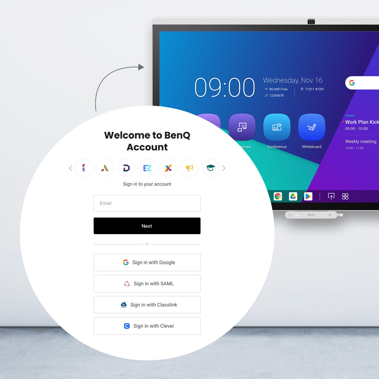 A login window on a BenQ smart display showing SSO options for Google, SAML, ClassLink, and Clever, allowing seamless access to all organizational tools with one set of credentials.