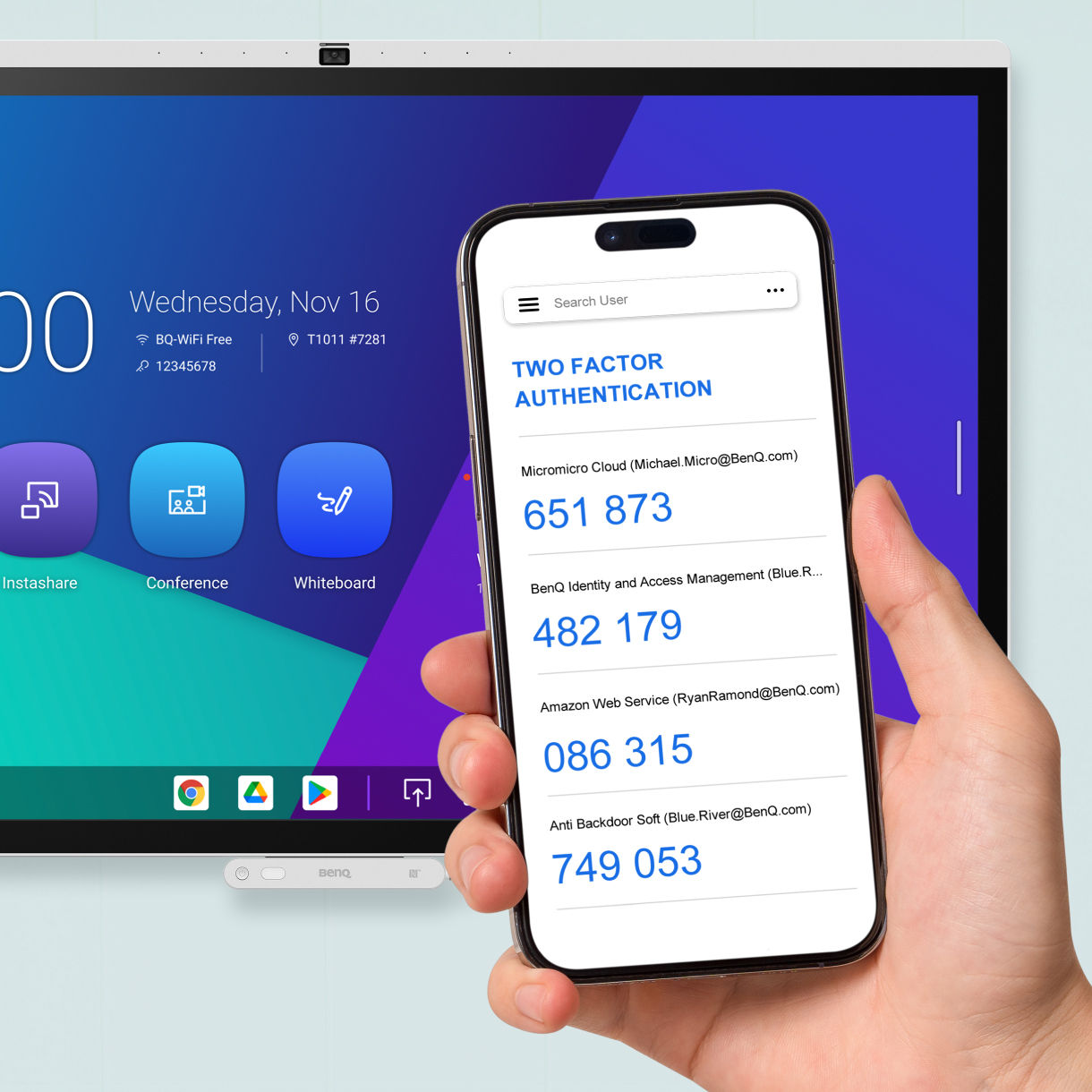 A person holding a smartphone displaying a Two-Factor Authentication (2FA) screen with one-time passwords, linked to a secure login session on a BenQ smart display.